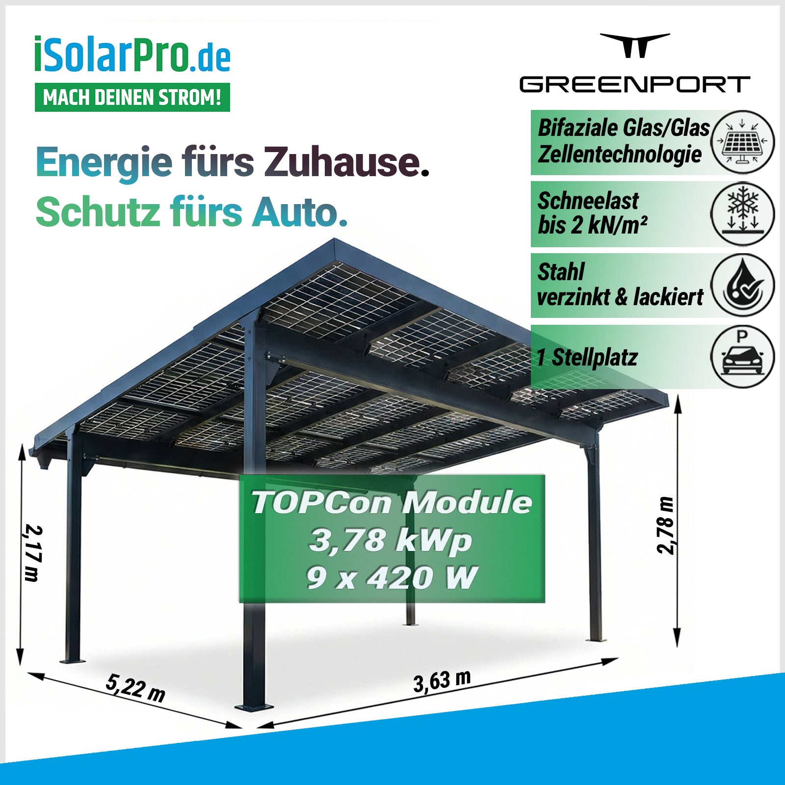 GREENPORT HOME Glas/Glas Solarcarport 1 Stellplatz – 3,78 kWp (9×420W), Schneelast bis 2 kN/m²