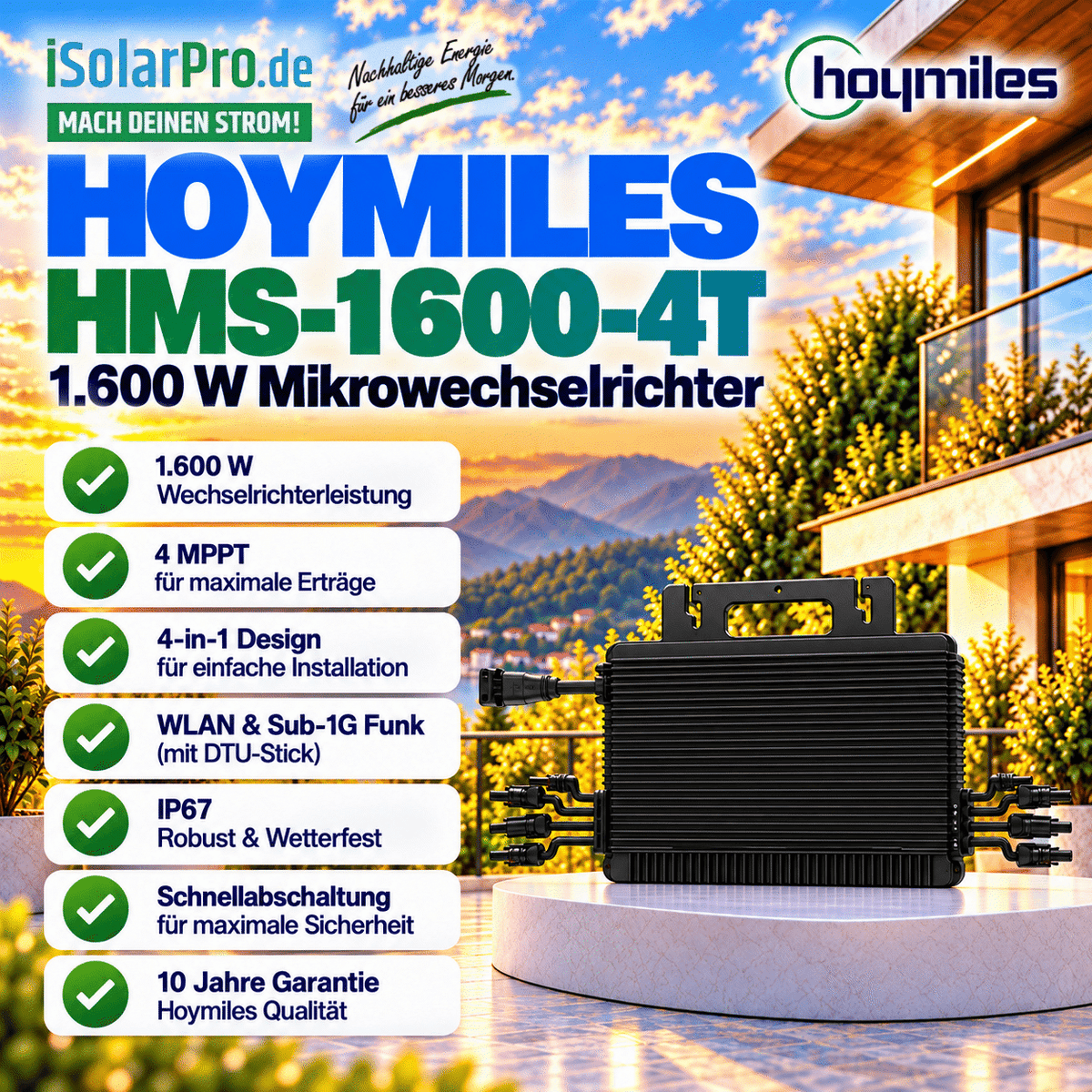 1600W | 1940Wp Balkonkraftwerk Komplettset mit 4x 485W AIKO Neostar 3P+ 54 A-MCE54Dw · 1600W Hoymiles Mikro Wechselrichter HMS-1600-4T +5m HMS Kabel + 4x 2m MC4 Verlängerungsset
