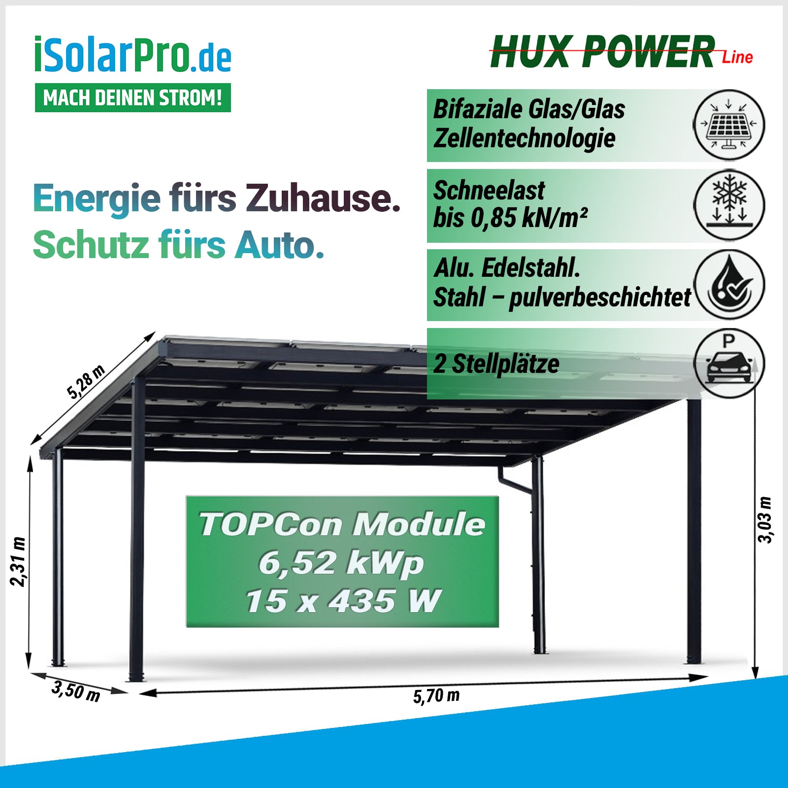 6.52 kW HUX-POWER Solar-Carport Double · 2 Stellplatz · 5280*3030*5700 mm ·inkl. 15x 435W SoliTek Solarmodule - Bifacial Glas-Glas TRANSPARENT