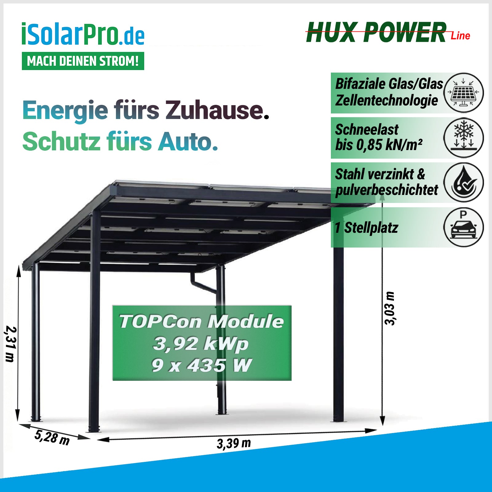 HUX-POWER Solar-Carport Single · 1 Stellplatz · 5280*3030*3390 mm ·inkl. 9x 435W SoliTek Solarmodule - Bifacial Glas-Glas TRANSPARENT