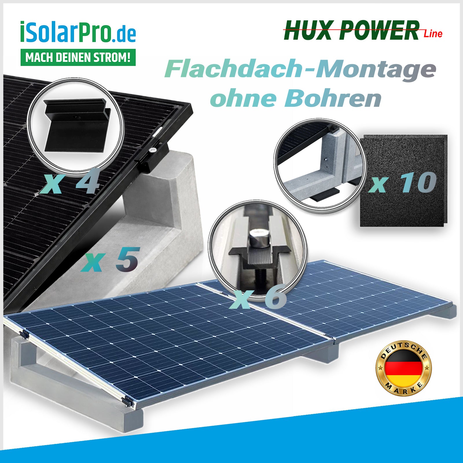 HUX-POWER® 10° PV-Aufständerung für 4-PV Module im Reihenaufbau inkl. Klemmen und Bautenschutzmatte