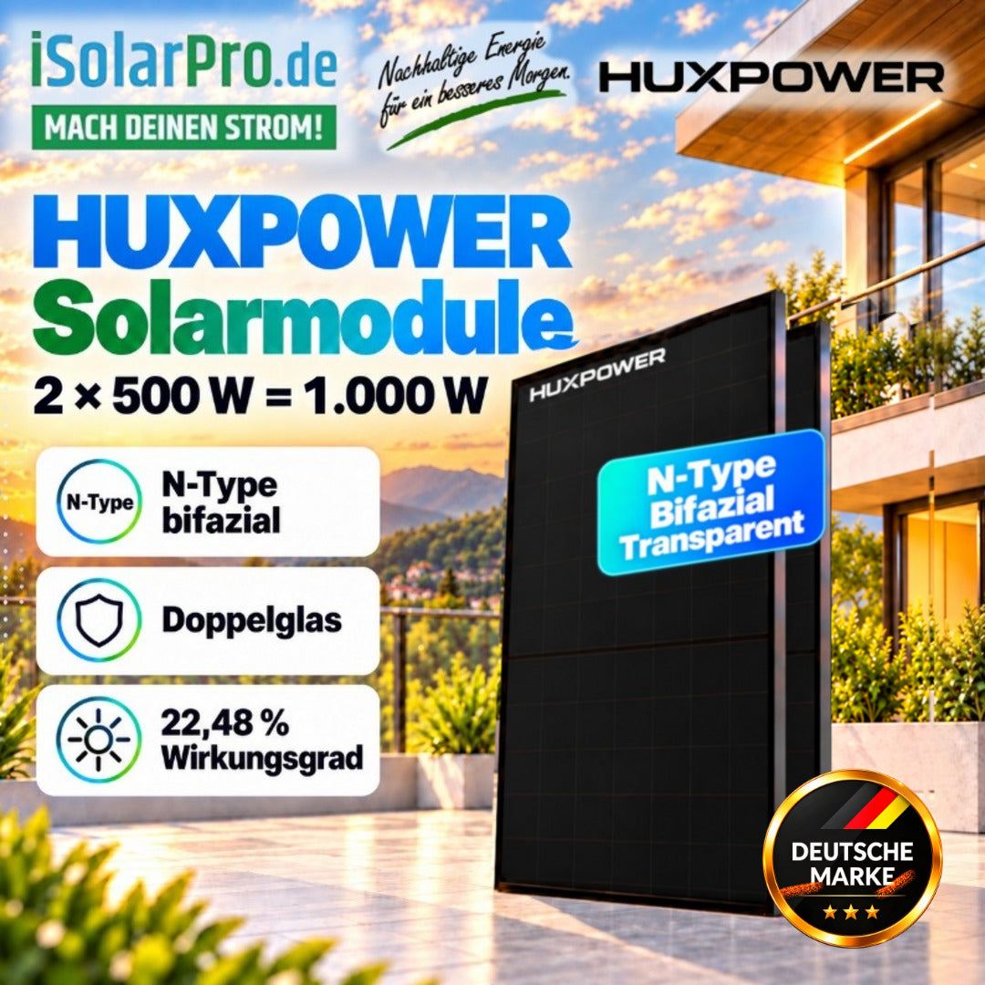800W (2500W) | 1000Wp | 5,12kWh RUNHOOD SOMMAR R5200 Balkonkraftwerk-Set: 2× 500W HUXPOWER® HPTB500 + Solar-Speicher + Shelly Pro 3EM