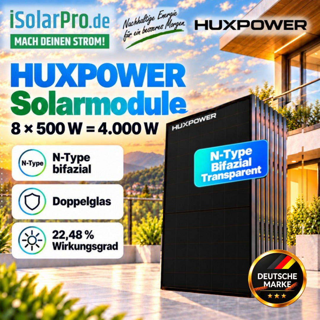 800W (2500W) | 4000Wp | 5,12kWh RUNHOOD SOMMAR R5200 Balkonkraftwerk-Speicher-Set: 8× 500W HUXPOWER® HPTB500 + Shelly Pro 3EM + PV-Anschlusszubehör