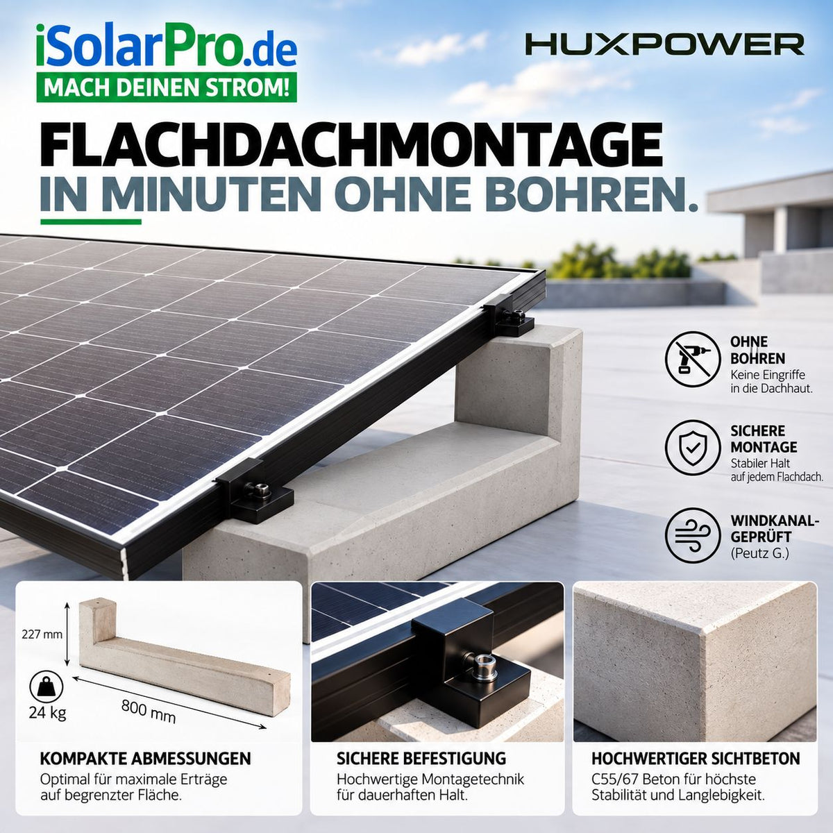 HUXPOWER® 10° – Flachdachaufständerung für Solar PV-Module aus hochfestem, selbstverdichtendem Beton (C55/67), glatte Oberfläche