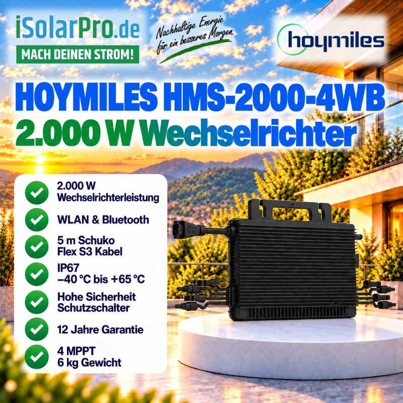 2000W | 2000Wp Balkonkraftwerk Komplettset mit 4x 500W HUXPOWER® HPTB500 · Hoymiles HMS-2000-4WB WiFi inkl. 5m Flex S3 Anschlusskabel