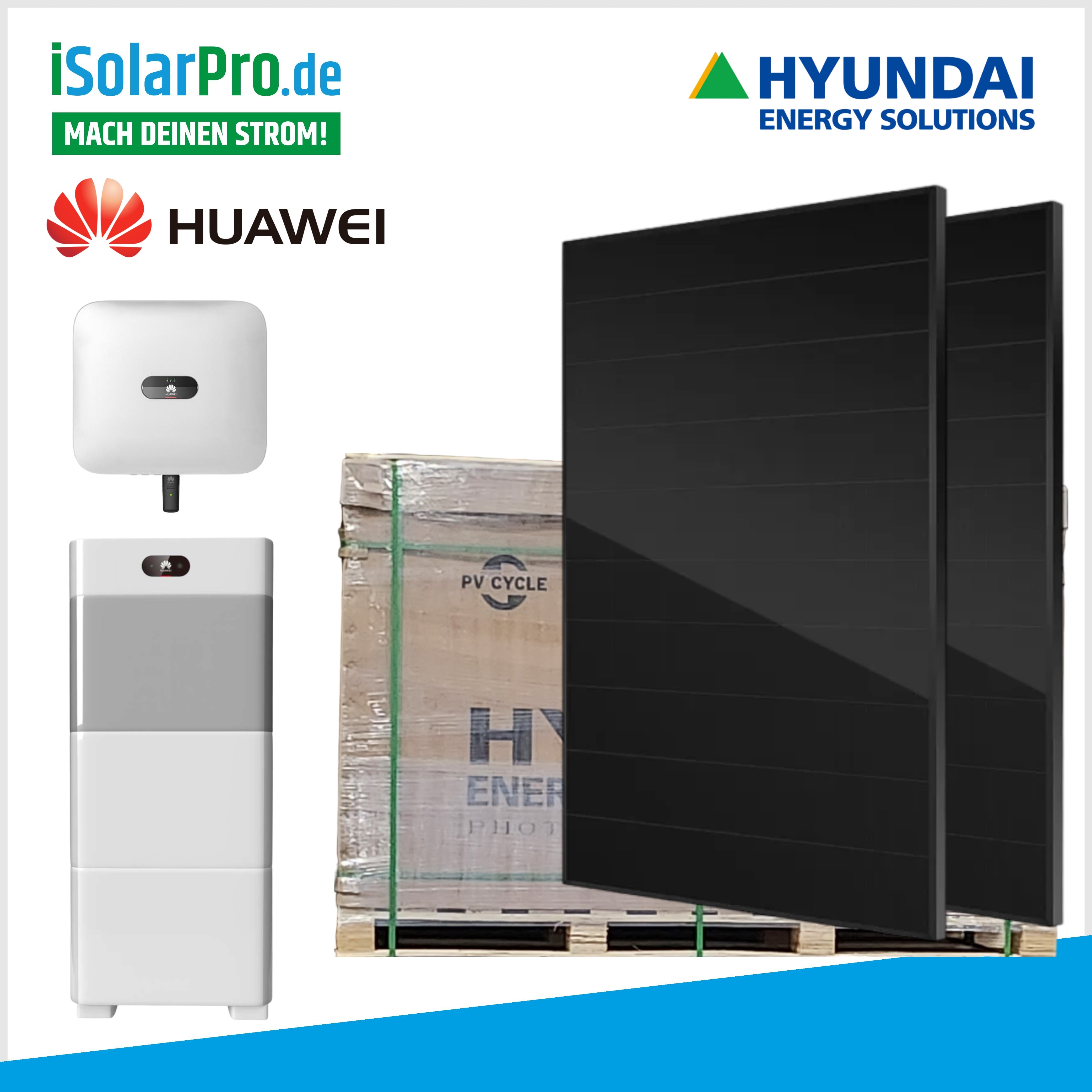 10 kW Solaranlage Set 24x HYUNDAI FULL BLACK 415Wp Solarmodule + 10 kW HUAWEI Wechselrichter + 5 kW HUAWEI Batterie