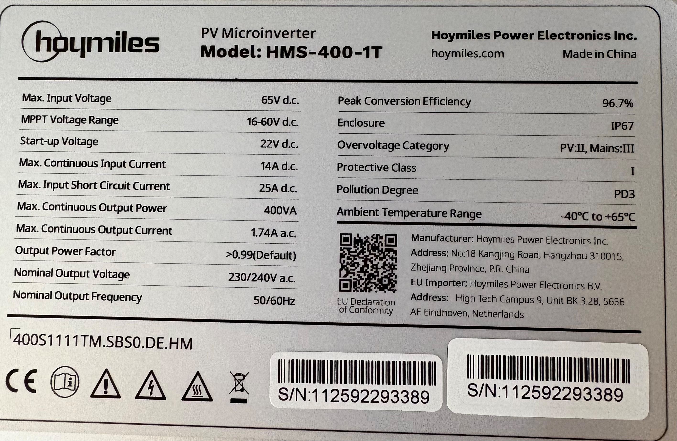 400W Hoymiles Mikro Wechselrichter HMS-400-1T ohne WiFi Inverter Solar Balkonkraftwerk