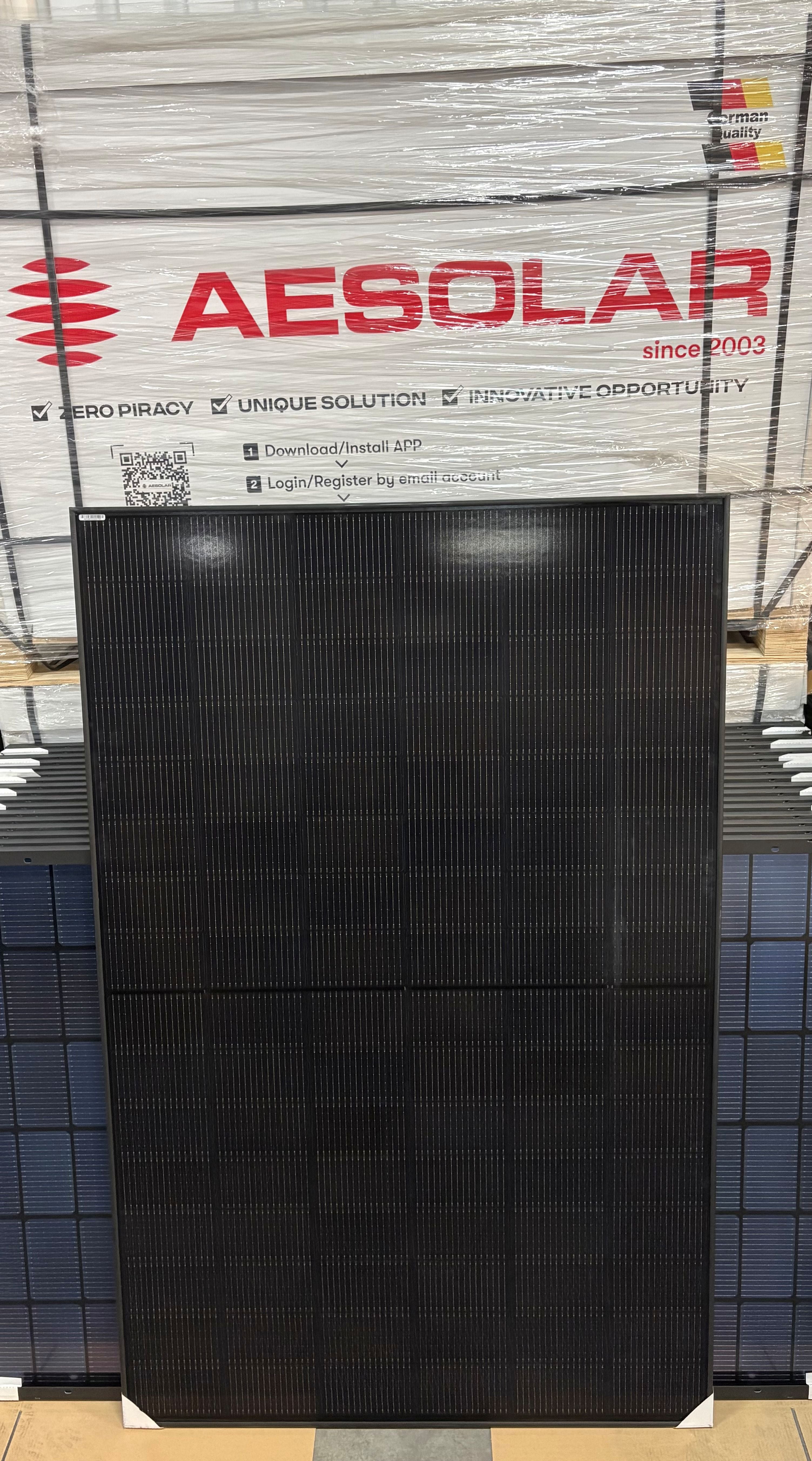 445W AESOLAR ALPINE · Hagelschutzklasse HW4 · N-Type TOPCon · bifazial · Full Black Glas-Glas · 1762×1133×30 mm · CMER-96BDE-I Solarpanel Solarmodul Photovoltaik