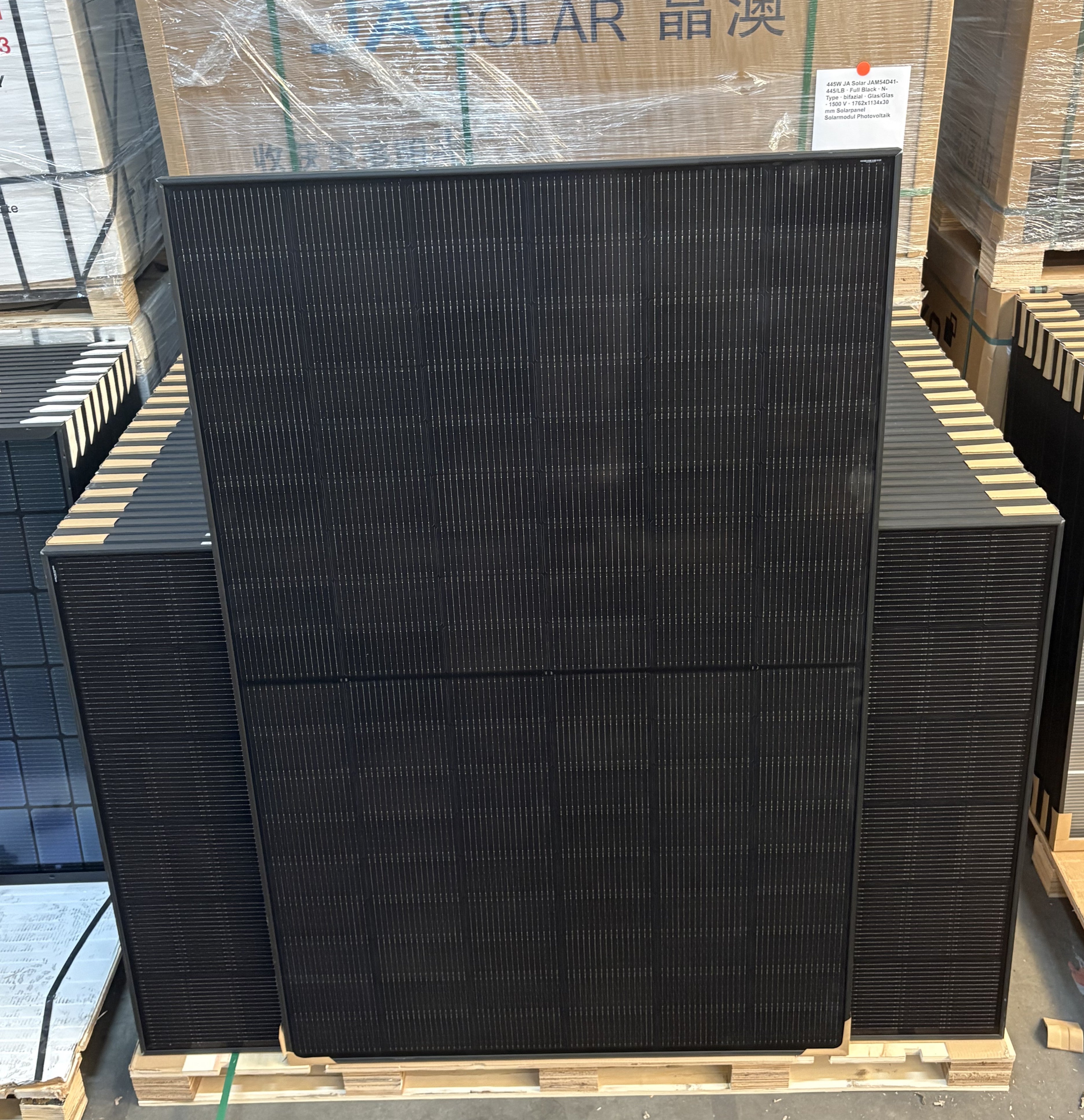 445W JA Solar JAM54D41-445/LB · Full Black · N-Type · bifazial · Glas/Glas · 1500 V · 1762x1134x30 mm Solarpanel Solarmodul Photovoltaik