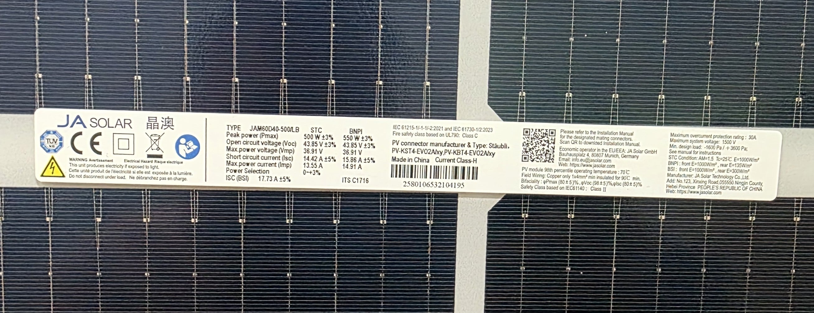 JA Solar JAM60D40 LB – 500 W Solarmodul · N-Type · bifazial · Doppelglas