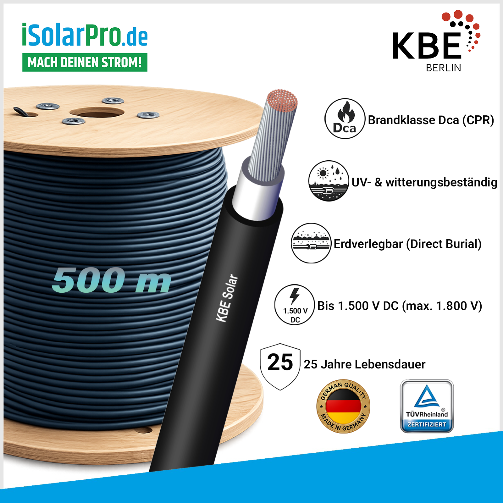 500m KBE Solarkabel 6 mm² Photovoltaik Kabel für PV Anlagen schwarz