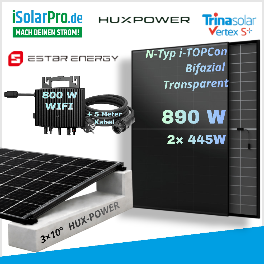 890W Balkonkraftwerk 445W Trina Vertex S+ mit HUX 10 Grad Steine + ESTAR 800W Wechselrichter