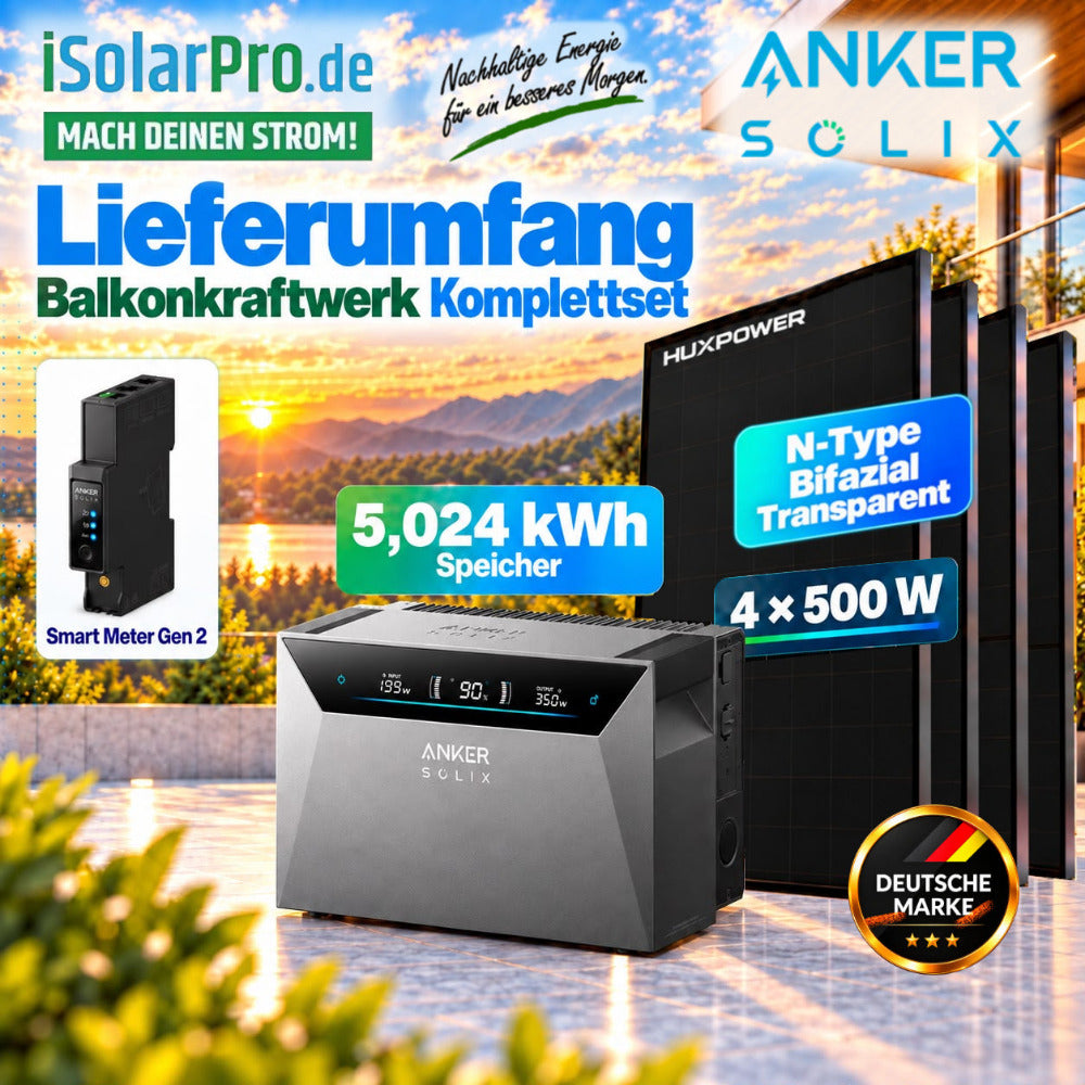 800W | 2000Wp | 5kWh ANKER SOLIX 4 Erweiterbares Balkonkraftwerk-Set: 4x 500W HUXPOWER® HPTB500 Solarmodul + Solarbank 4 E5000 Pro + Smart Meter Gen 2