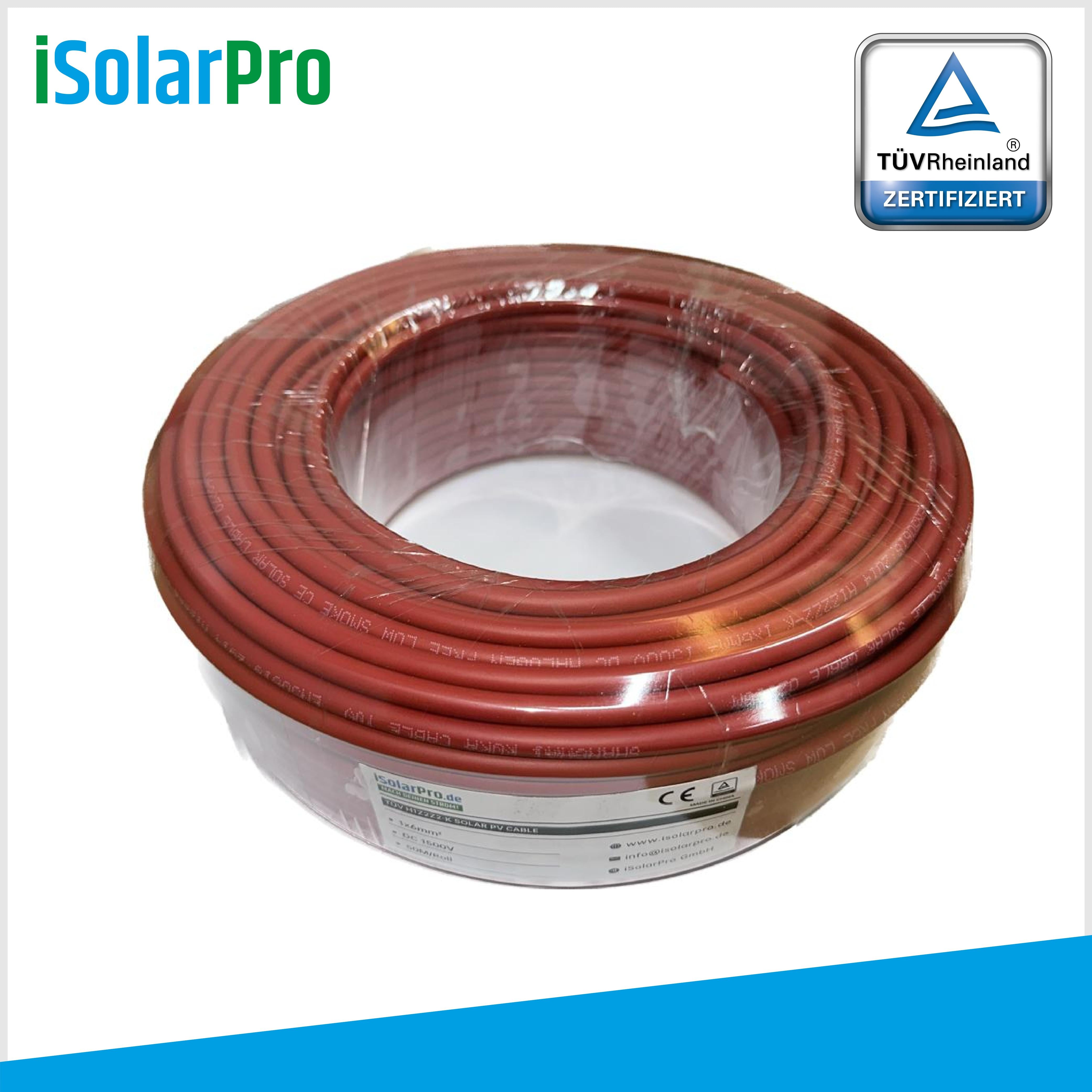 50m Solarkabel 6 mm² Photovoltaik Kabel für PV Anlagen rot