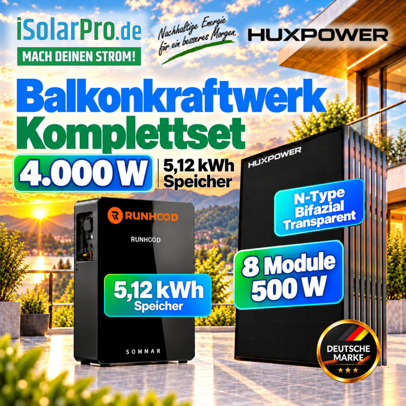 800W (2500W) | 4000Wp | 5,12kWh RUNHOOD SOMMAR R5200 Balkonkraftwerk-Speicher-Set: 8× 500W HUXPOWER® HPTB500 + Smart Meter + PV-Anschlusszubehör 