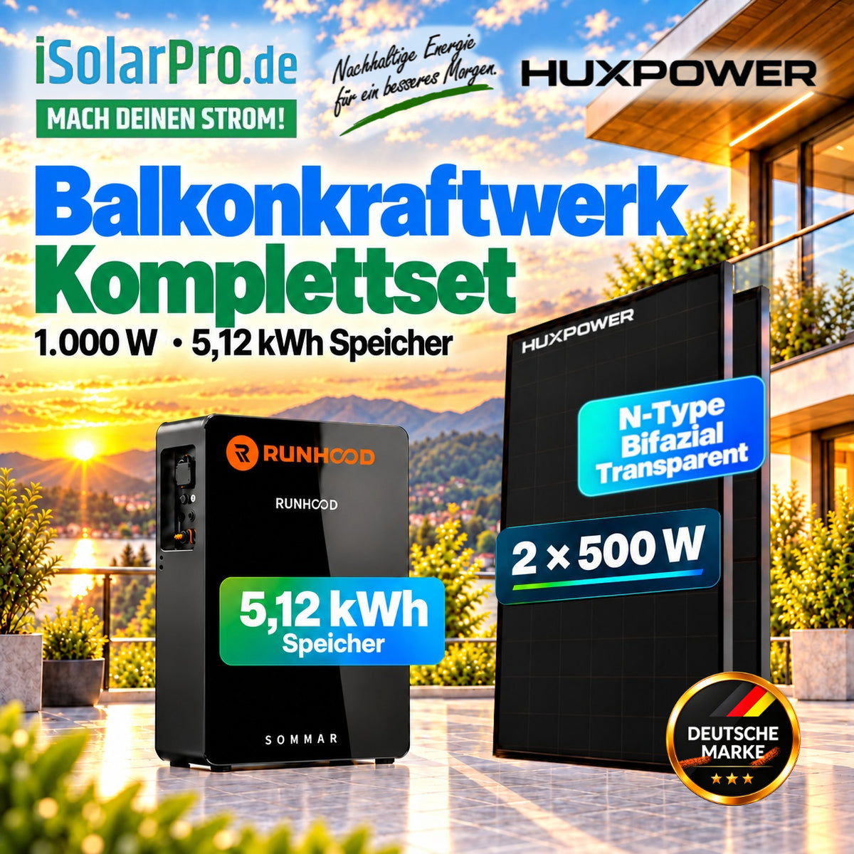 800W (2500W) | 1000Wp | 5,12kWh RUNHOOD SOMMAR R5200 Balkonkraftwerk-Set: 2× 500W HUXPOWER® HPTB500 + Solar-Speicher + Shelly Pro 3EM