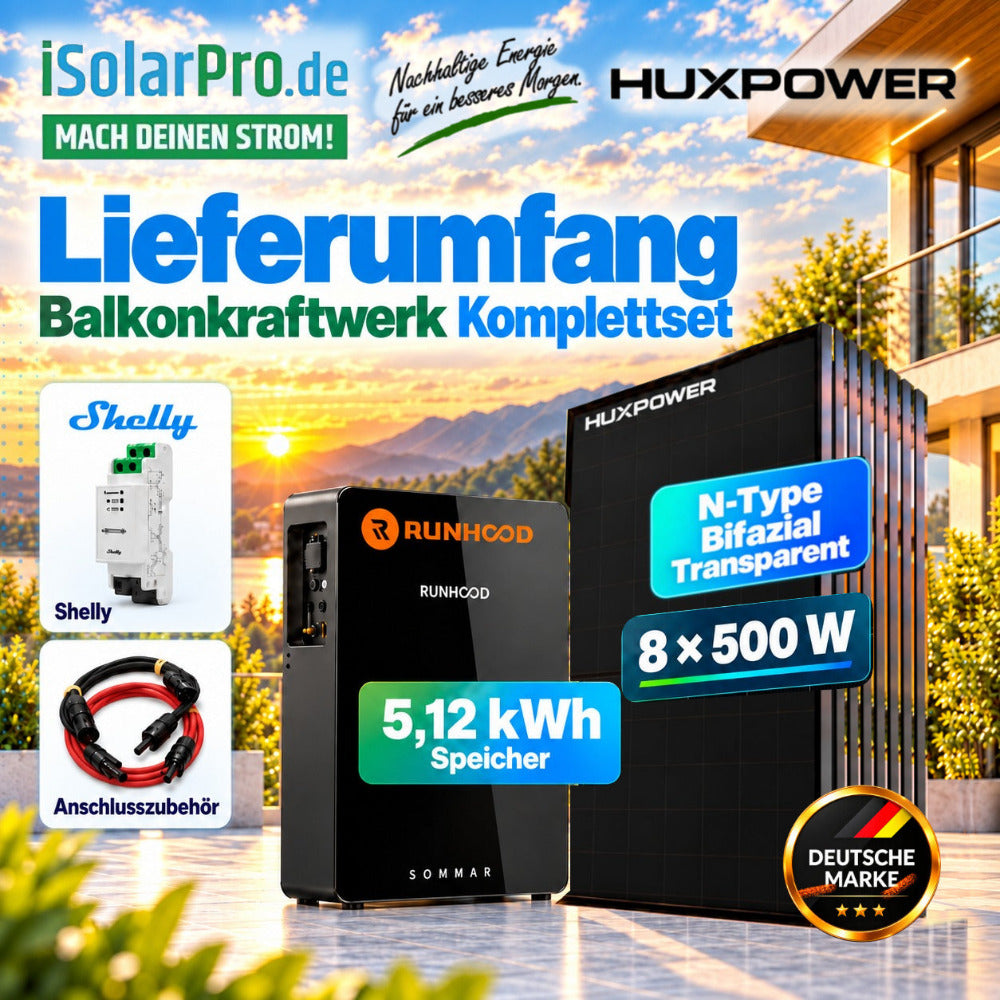 800W (2500W) | 4000Wp | 5,12kWh RUNHOOD SOMMAR R5200 Balkonkraftwerk-Speicher-Set: 8× 500W HUXPOWER® HPTB500 + Shelly Pro 3EM + PV-Anschlusszubehör