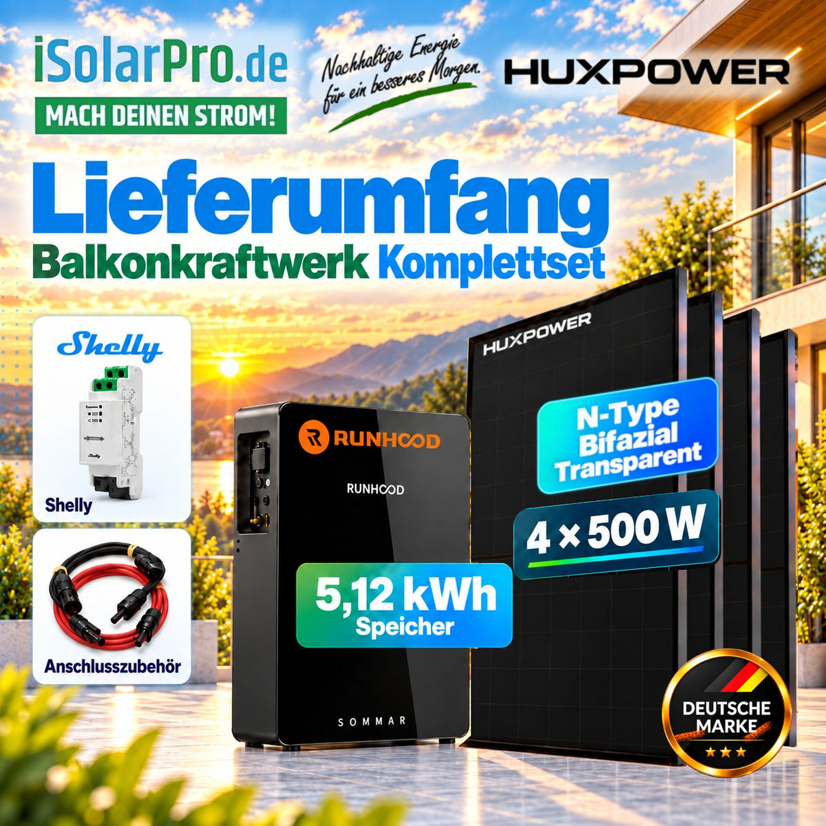 800W (2500W) | 2000Wp | 5,12kWh RUNHOOD SOMMAR R5200 Balkonkraftwerk-Set: 4× 500W HUXPOWER® HPTB500 + Solar-Speicher + Shelly Pro 3EM