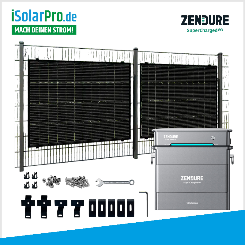 Solar-Zaun Komplettset 860W/1920Wh Zendure SolarFlow Hybrid-Inverter-Hyper 2000 + 1x Zendure Solar Speicher Batterie AB2000S x 2x 430W HUX-POWER Solarmodule