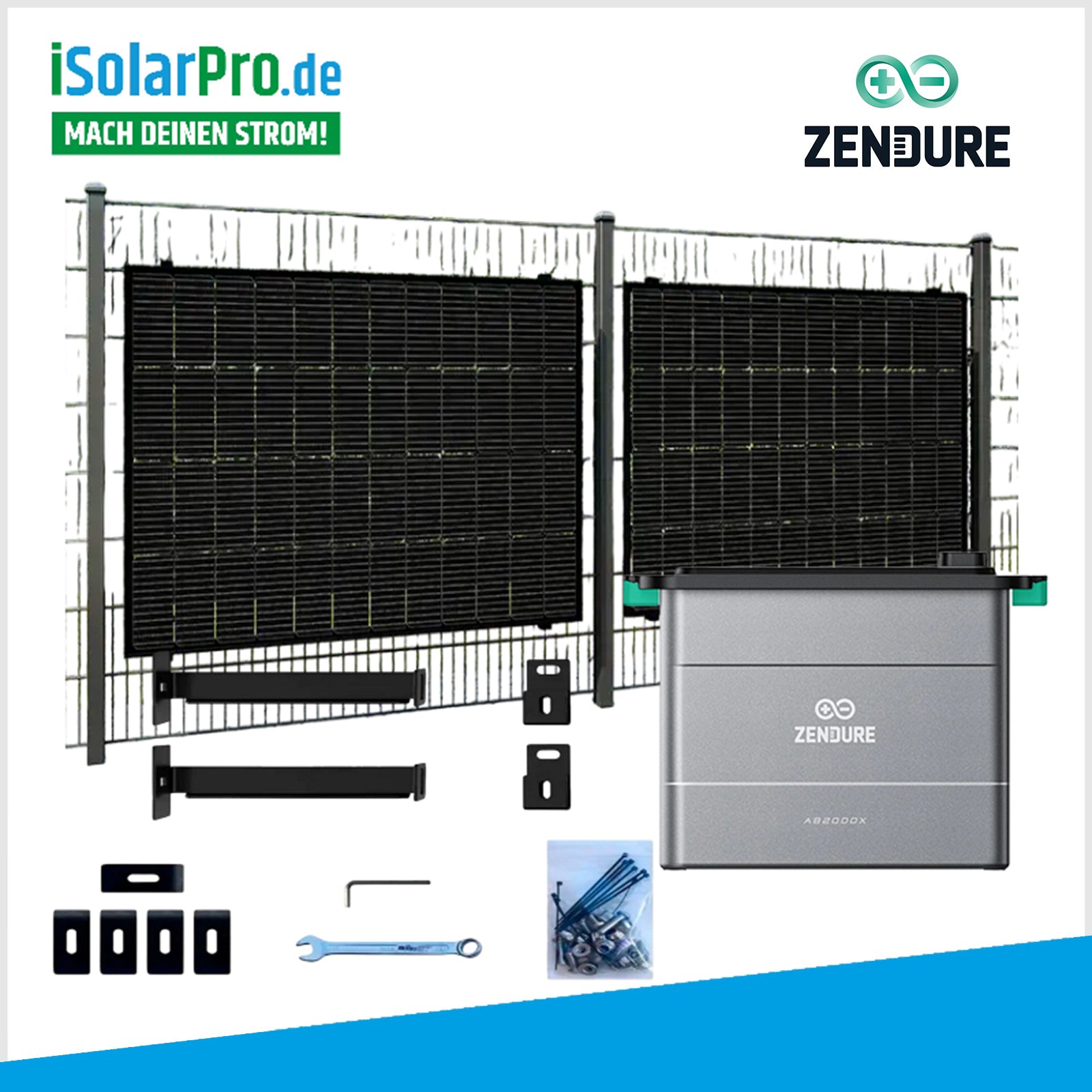 Solar-Zaun (angewinkelt) Komplettset 860W/1920Wh Zendure SolarFlow Hybrid-Inverter-Hyper 2000 + 1x Zendure Solar Speicher Batterie AB2000X x 2x 430W HUX-POWER Solarmodule