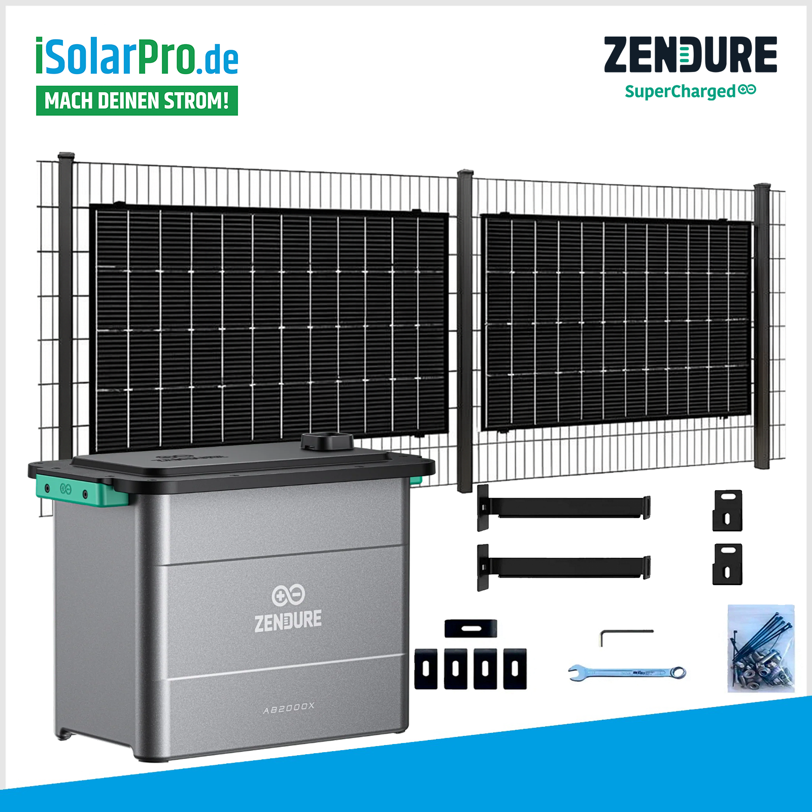 Solar-Zaun (angewinkelt) Komplettset 860W/1920Wh Zendure SolarFlow Hybrid-Inverter-Hyper 2000 + 1x Zendure Solar Speicher Batterie AB2000X x 2x 430W HUX-POWER Solarmodule