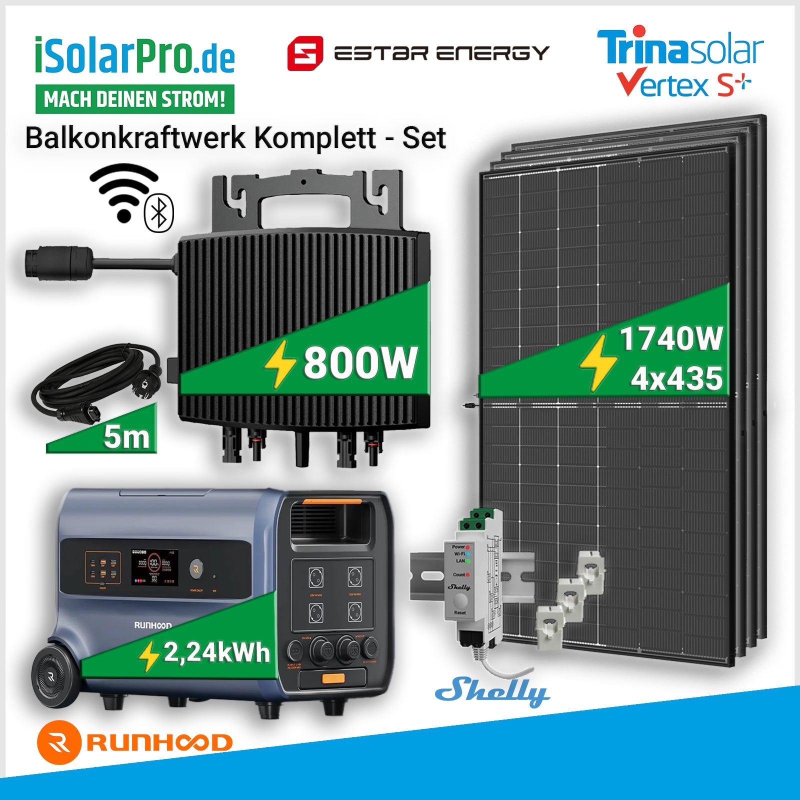 1.740W/2.400Wh Balkonkraftwerk Komplettset mit Solarspeicher: 4x 435W Trina Vertex s+ BIFAZIAL TRANSPORENT Solarmodule + 2.4kWh RUNHOOD F2400 Powerstation