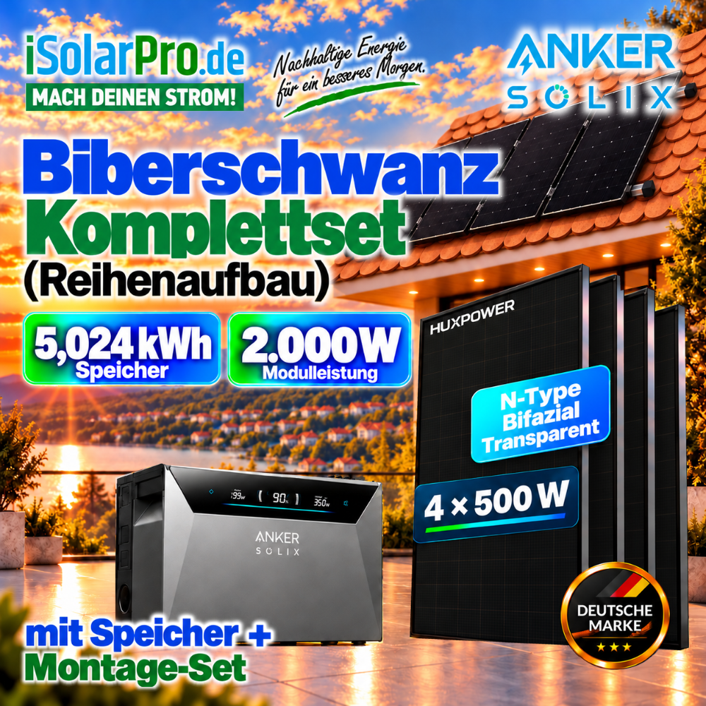 800W | 2000Wp | 5 kWh Balkonkraftwerk-Set mit Speicher für Biberschwanzdach (Reihenaufbau): Anker SOLIX 4 E5000 Pro +4x500W HUXPOWER