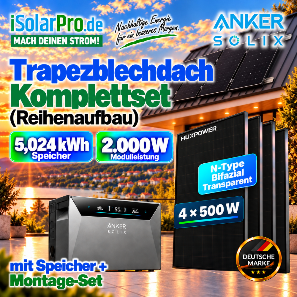 800W | 2000Wp | 5 kWh Balkonkraftwerk-Set mit Speicher für Trapezblechdach (Reihenaufbau): Anker SOLIX 4 E5000 Pro + 4x500W HUXPOWER