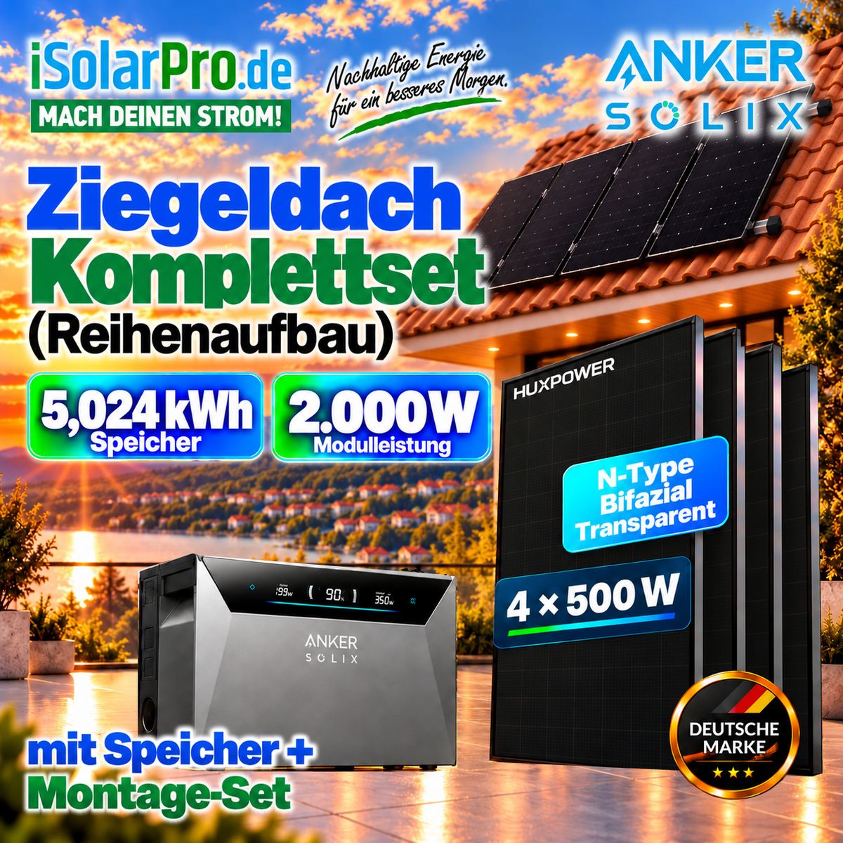 800W | 2000Wp | 5 kWh Anker SOLIX 4 E5000 Pro + 4x500W HUXPOWER Balkonkraftwerk-Set mit Speicher für Ziegeldach (Reihenaufbau)