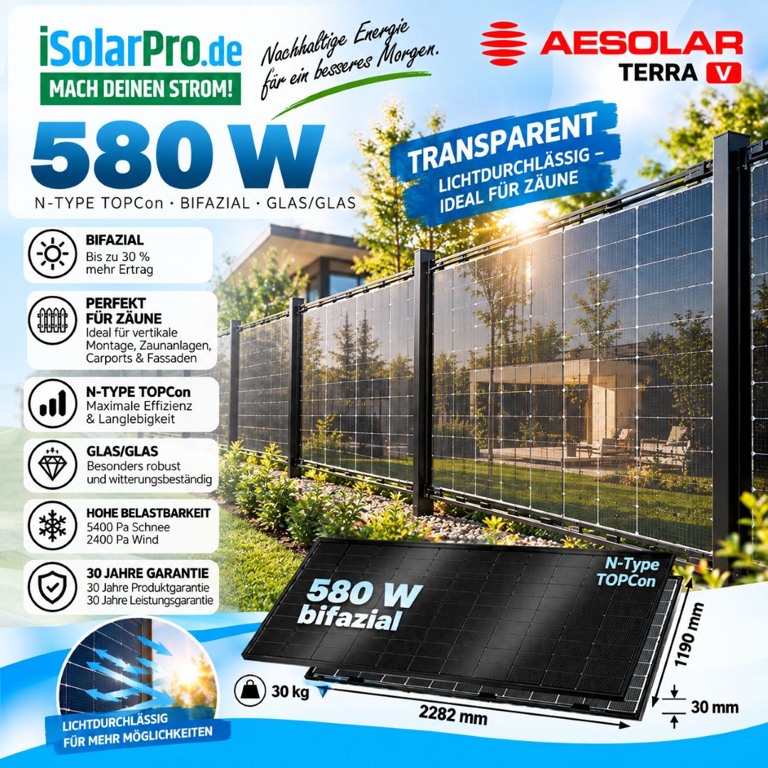 580W AESOLAR Terra V AE CMD-L144BD N-Type TOPCon bifazial Solarmodul für Solarzaun