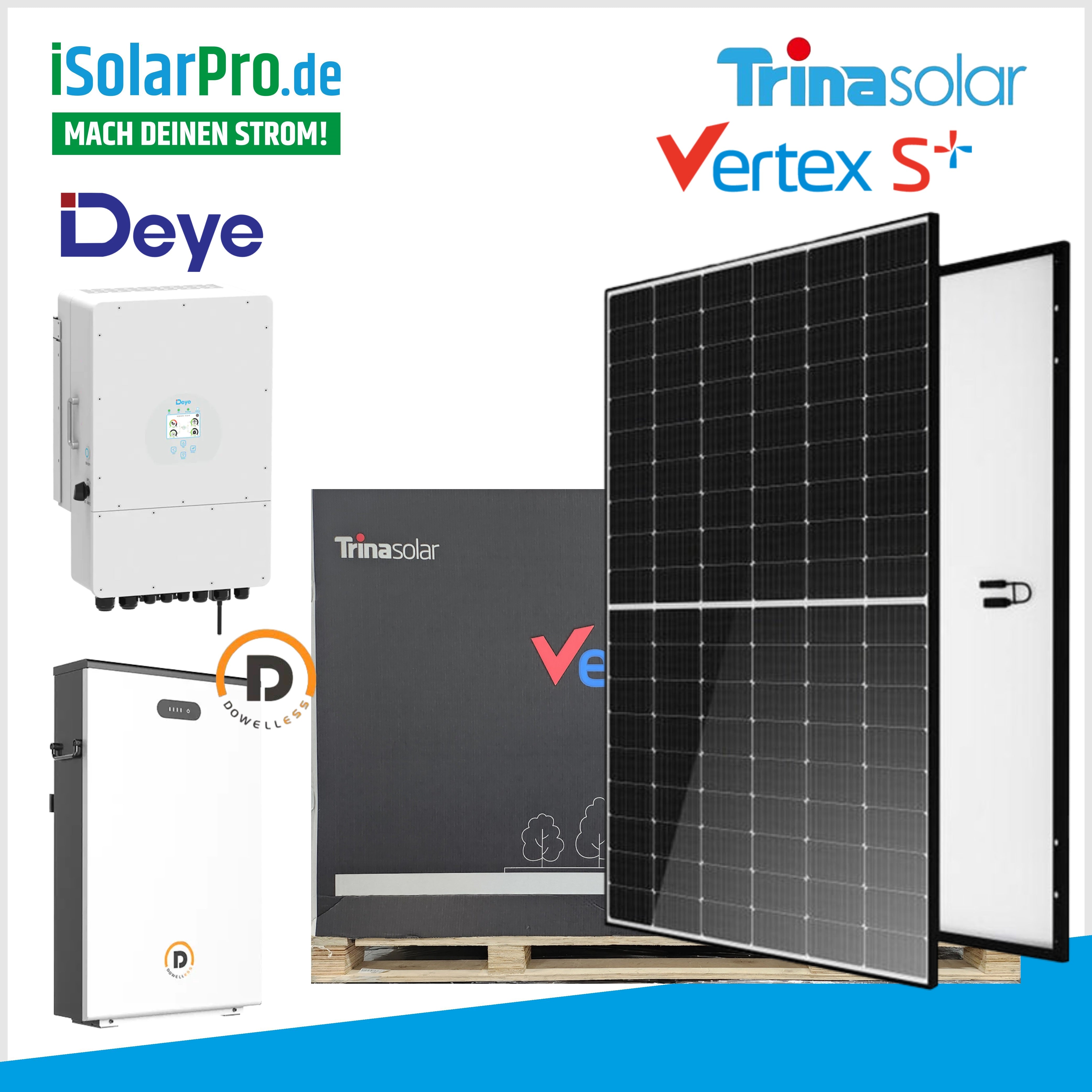 12 kW Photovoltaikanlage Set 29 x 435W Trina Vertex S+ 12 kW Deye Hybrid Wechselrichter +6,5 kWh PV-Speicher Dowell
