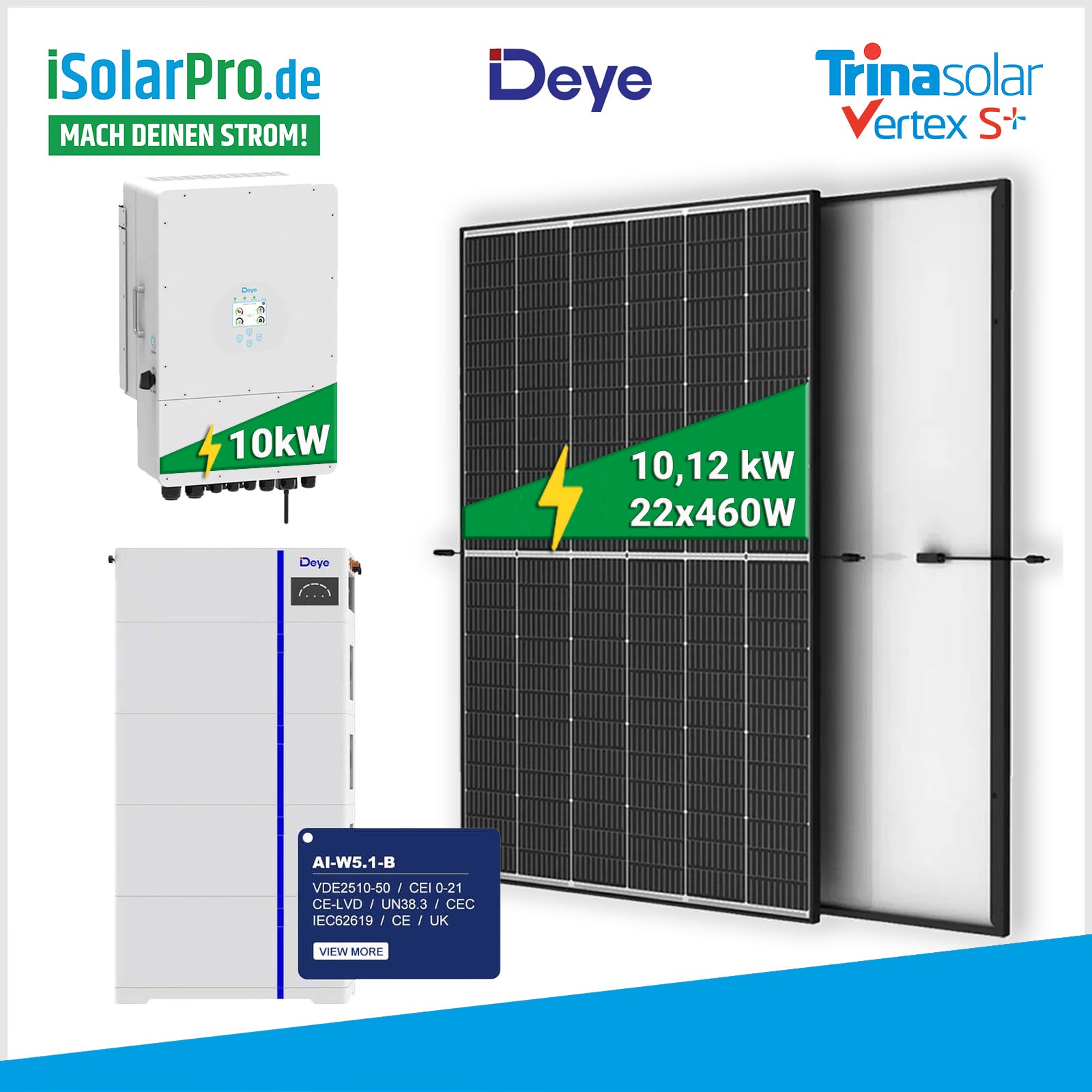 10kW PV-Anlage Set 22x 450W Trina Vertex S+ 10kW Deye Wechselrichter +10 kWh Solarstrombatterie AI-W5.1-B