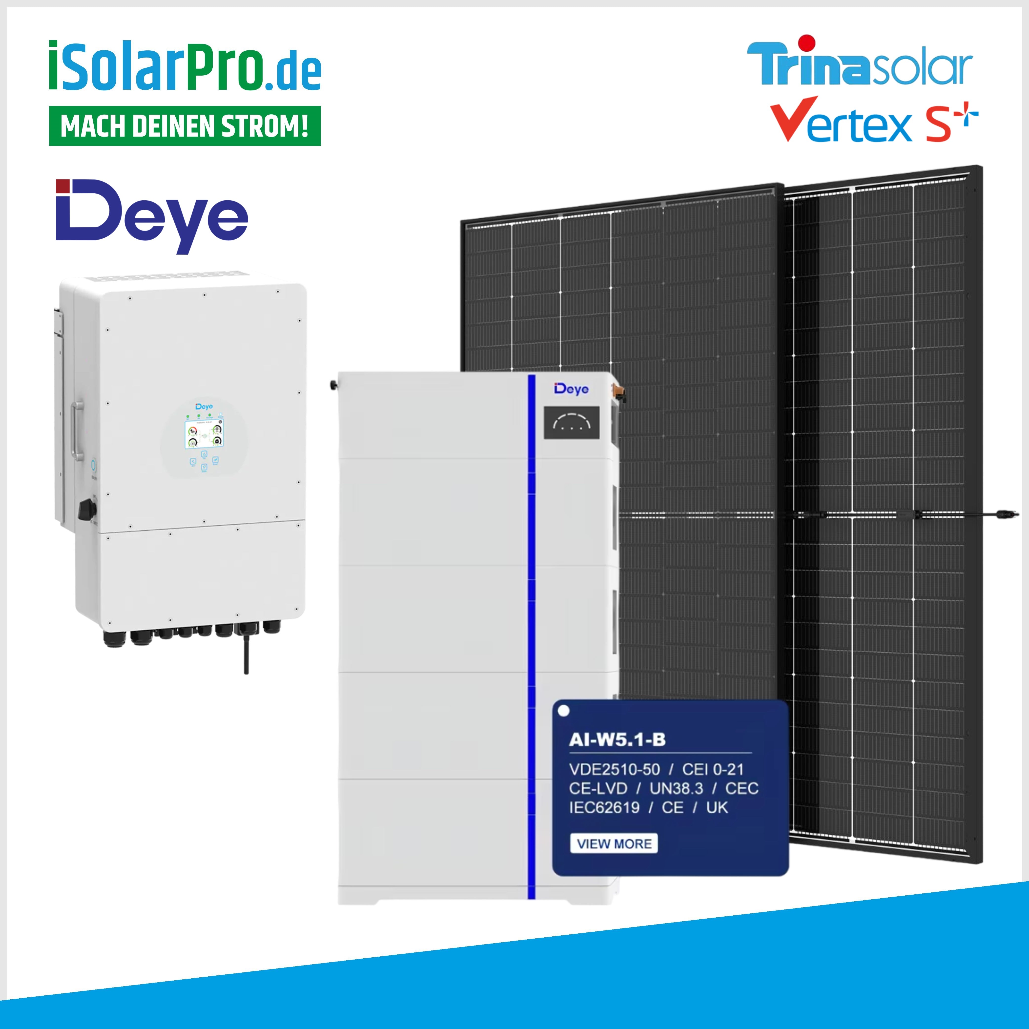 10kW PV-Anlage Set 22x 450W Trina Vertex S+ 10kW Deye Wechselrichter +10 kWh Solarstrombatterie AI-W5.1-B