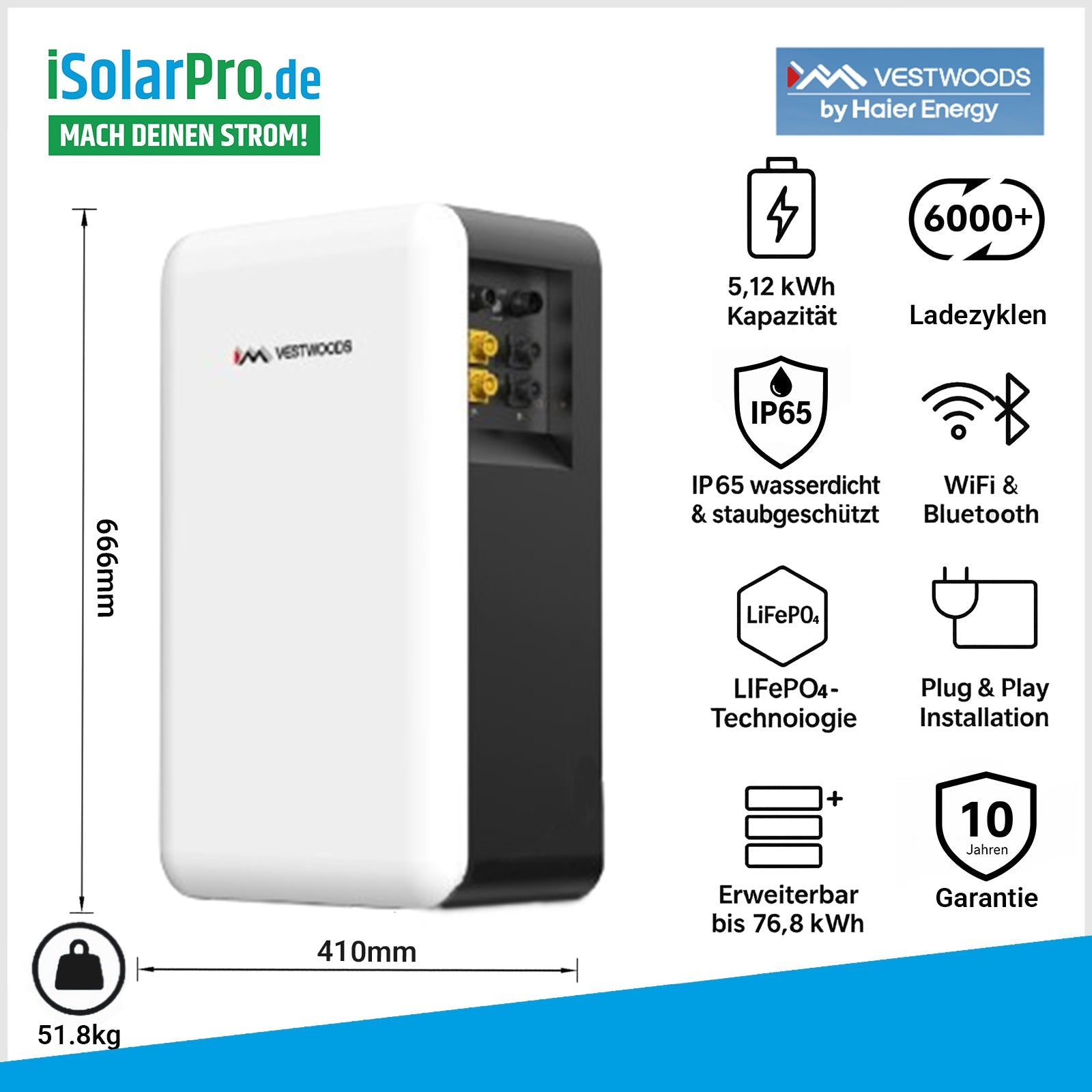 PV-Komplettset: 15x 435W Trina Vertex S+ + Deye 6kW Hybridwechselrichter + Vestwoods 5,12kWh