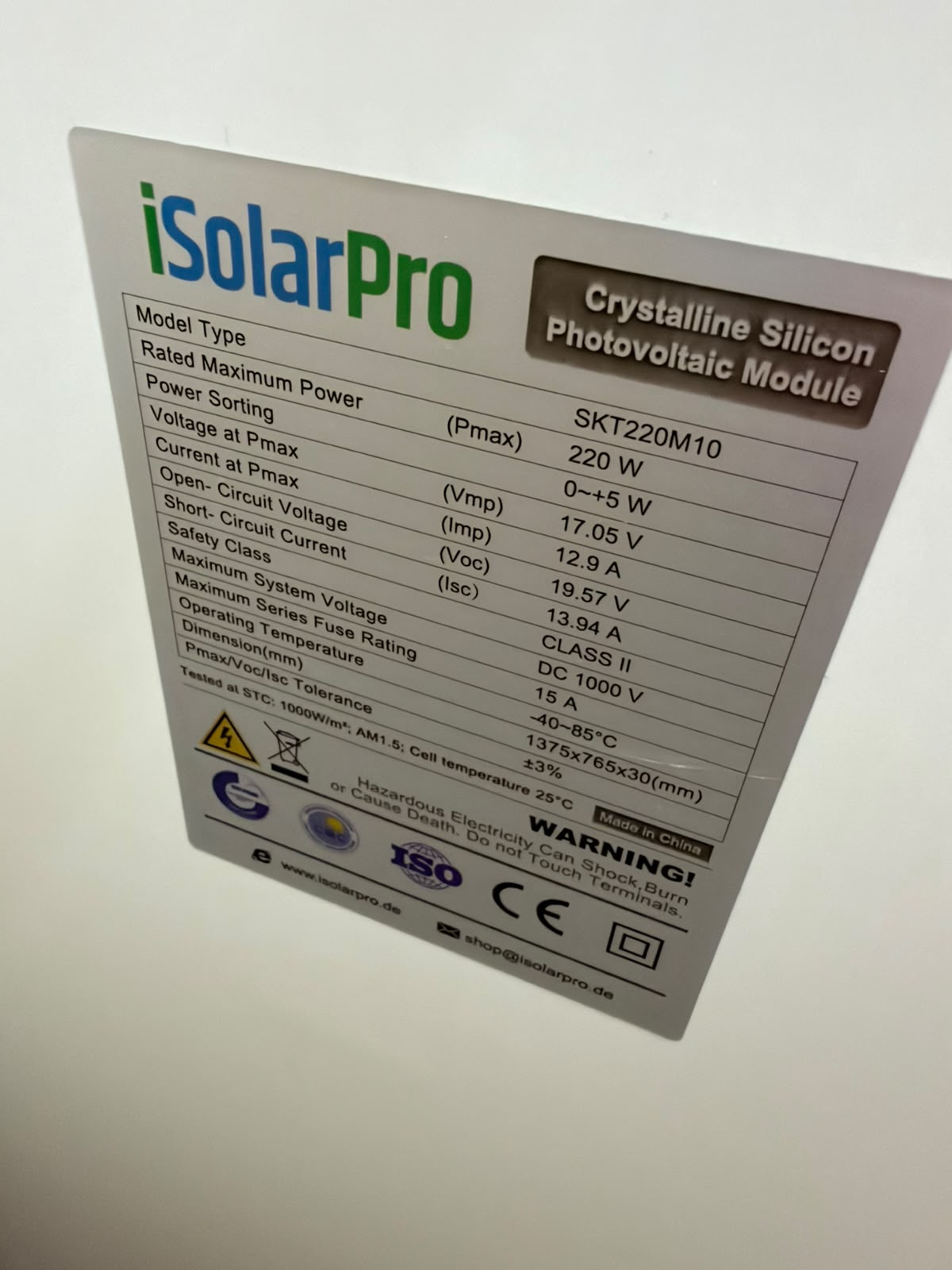 220W ISOLARPRO Monokristallin 220Watt Solarmodul Solarpanel 1375x765x30mm