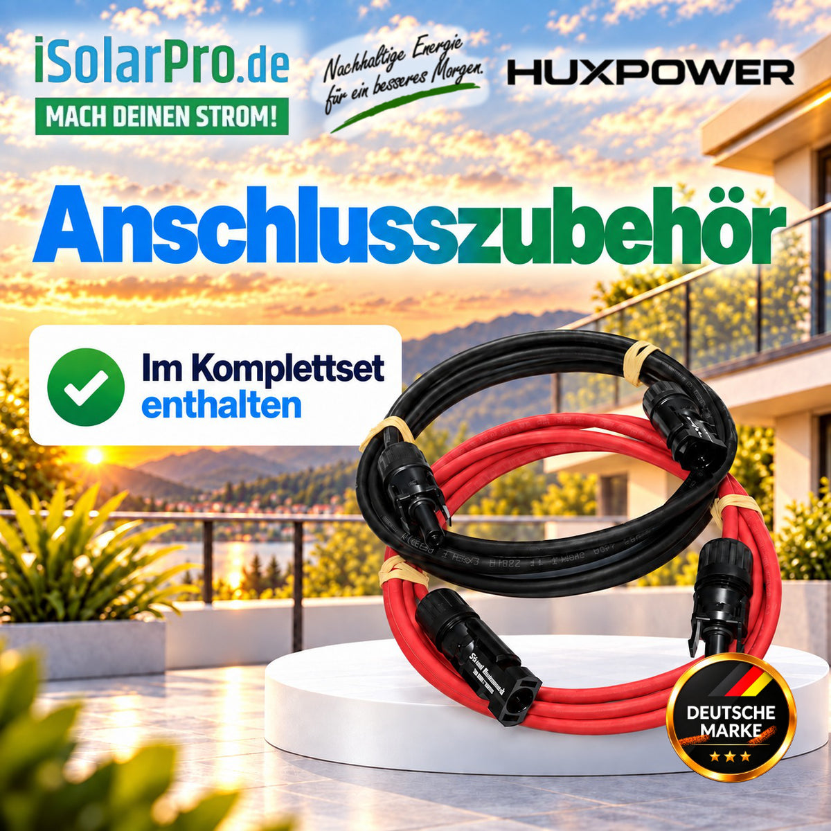 800W (2500W) | 4000Wp | 5,12kWh RUNHOOD SOMMAR R5200 Balkonkraftwerk-Speicher-Set: 8× 500W HUXPOWER® HPTB500 + Shelly Pro 3EM + PV-Anschlusszubehör