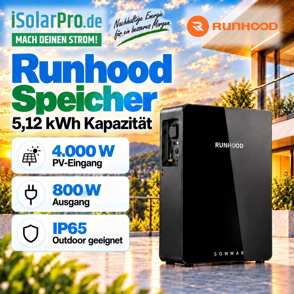 800W (2500W) | 1000Wp | 5,12kWh RUNHOOD SOMMAR R5200 Balkonkraftwerk-Set: 2× 500W HUXPOWER® HPTB500 + Solar-Speicher + Shelly Pro 3EM
