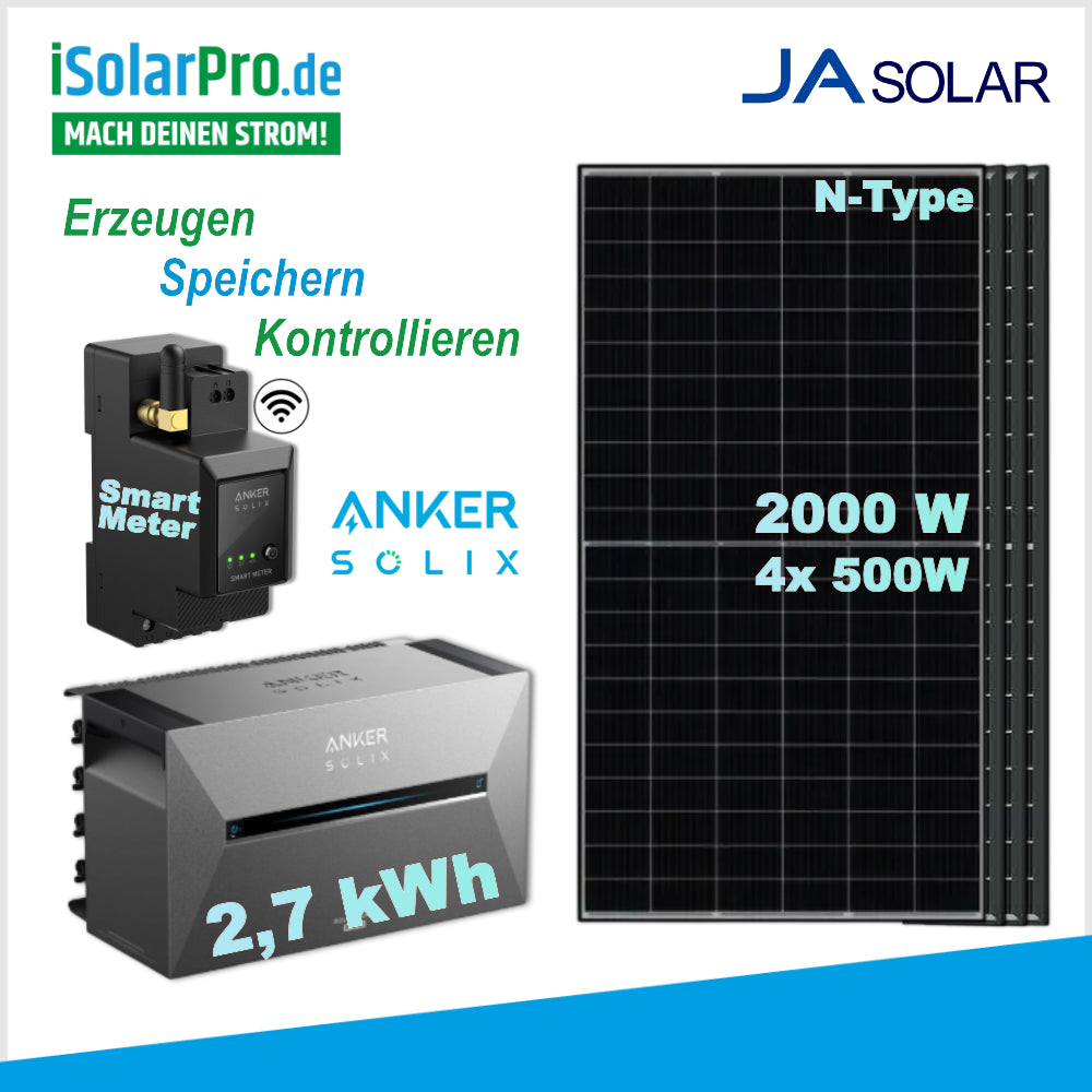 2000W/2700Wh Balkonkraftwerk Anker SOLIX Solarbank 3 Pro + 4x 500W JA Solar JAM60D40 LB BIFAZIAL Glas/Glas N-Type 1500 V Solarmodule