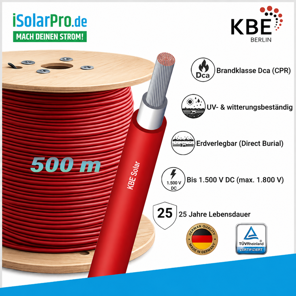 500m KBE Solarkabel 6 mm² Photovoltaik Kabel für PV Anlagen rot