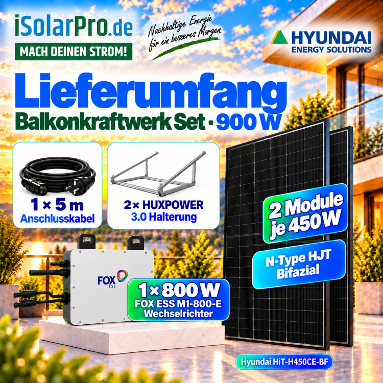 800W | 900Wp Balkonkraftwerk - Set | 2x 450W Hyundai HiT-H450CE-BF + 800W FOX ESS M1-800-E Mikro Wechselrichter + 5m Kabel + HUXPOWER® 3.0 Balkonkraftwerk universal Solarmodul-Halterung