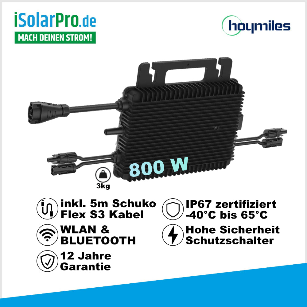 800W Hoymiles HMS-800-2WB HiFlow Pro WiFi · Mikro-Wechselrichter · 2 MPPT · WLAN & Bluetooth · IP67 · inkl. 5m Schuko Flex-S3 Kabel · Balkonkraftwerk Wechselrichter