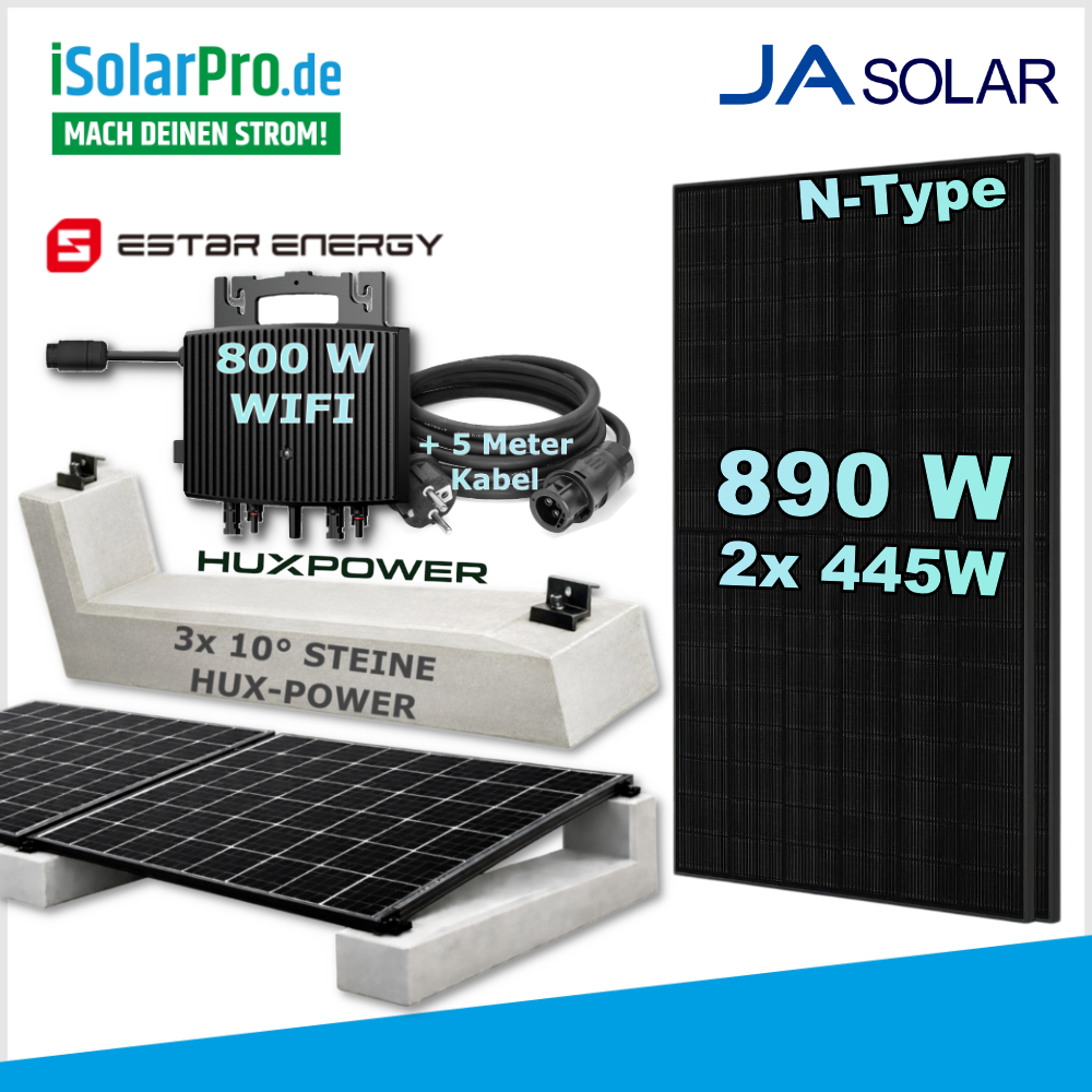 445w JA Solar JAM54D41-445/LB + 800w HUX Flachdach Reihenaufbau