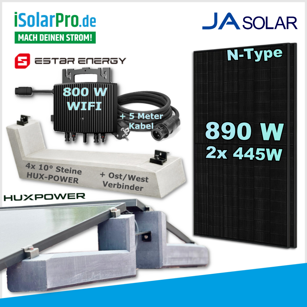 445w JA Solar JAM54D41-445/LB + 800w HUX Flachdach Ost/West Aufbau