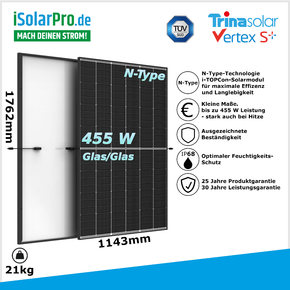 10kW PV-Anlage Komplettpaket inkl. Anmeldung & Montage: 22x 455W Trina Vertex S+ + Deye 10kW Hybridwechselrichter + Deye 11,8kWh Speicher inkl. Montagematerial/Montage/Anmeldung