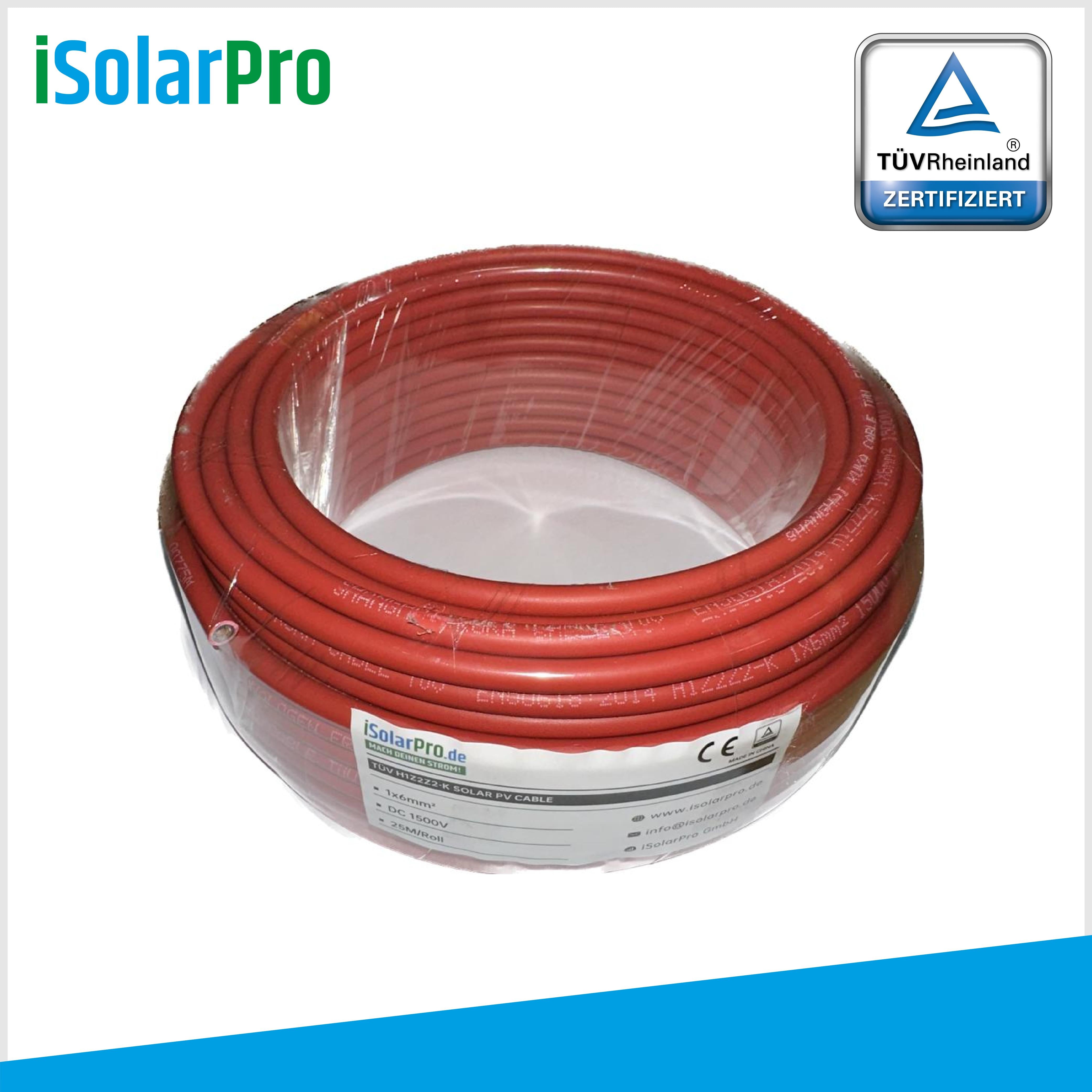25m Solarkabel 6 mm² Photovoltaik Kabel für PV Anlagen rot