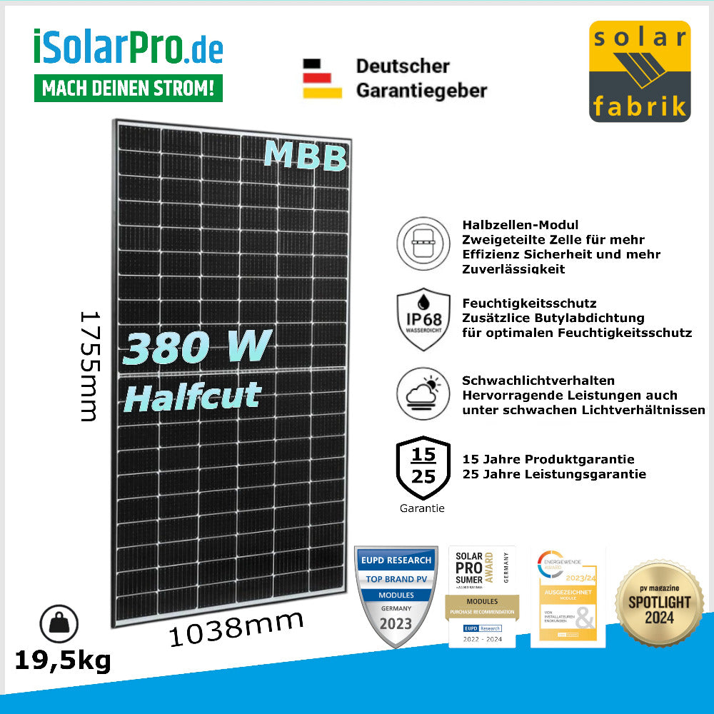 380W Solar Fabrik Mono S3 ·  Halfcut 120 Zellen · 1500 V · 1755x1038x35 mm · Solarpanel Solarmodul Photovoltaik