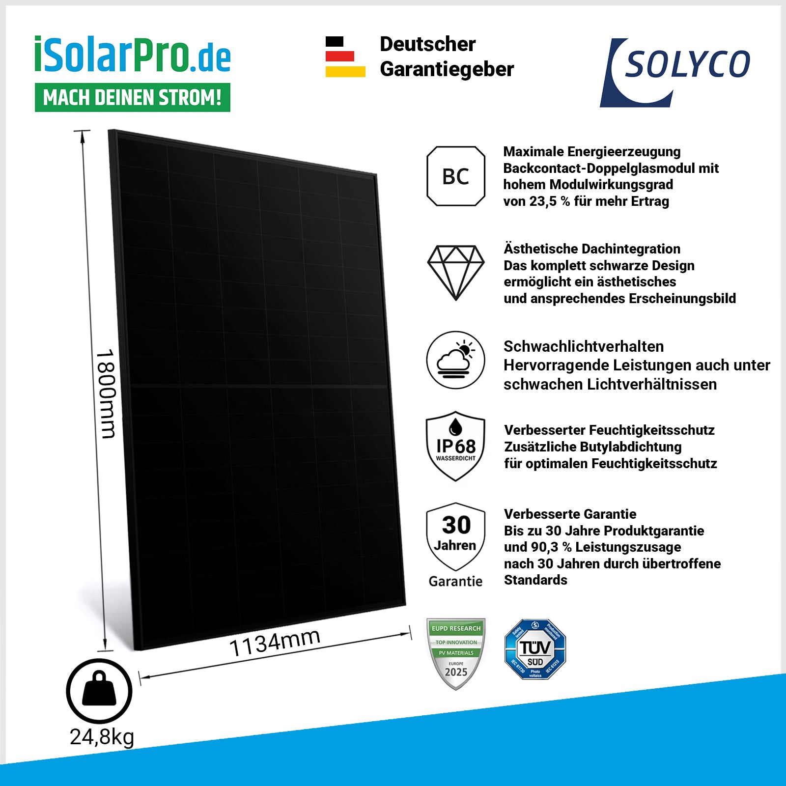 480W SOLYCO R-BG 108n BC.6 Full Black Doppelglasmodul Backcontact Hochleistungsmodul 1800×1134×30mm Solarpanel Solarmodule Photovoltaik