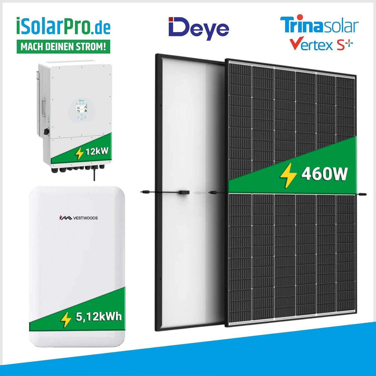 PV-Komplettset: 24x 460W Trina Vertex S+ + Deye 12kW Hybridwechselrichter + Vestwoods 5,12kWh Speicher