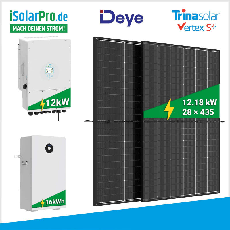 12 kW PV-Komplettset: 28x Trina 435W Bifazial TRANSPARENT Solarmodule + Deye 12kW Hybridwechselrichter + RW-F16 14,4kWh Speicher